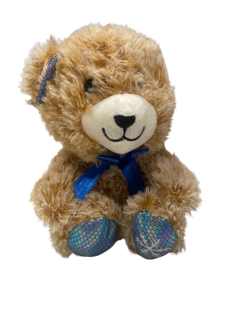 Brown Christmas Teddy Bear Plush with Blue Ribbon and Shimmering Paw Details